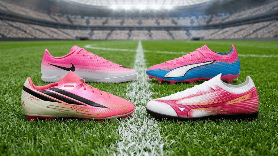 Quatro chuteiras rosa de marcas diferentes dispostas sobre o gramado de um estádio