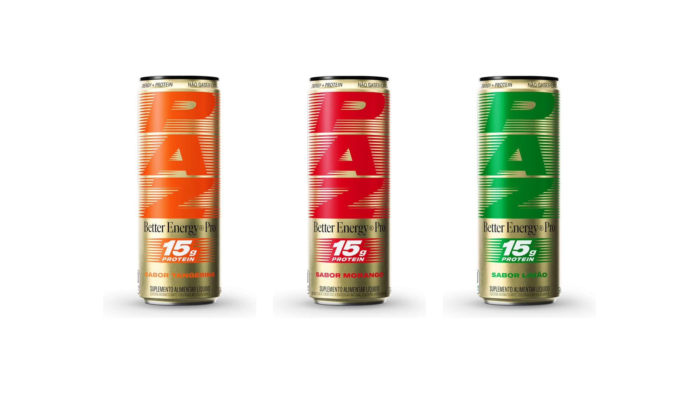 As três latas douradas da linha PAZ Pro lado a lado, com o logotipo PAZ em laranja, vermelho e verde, nos sabores tangerina, morango e limão