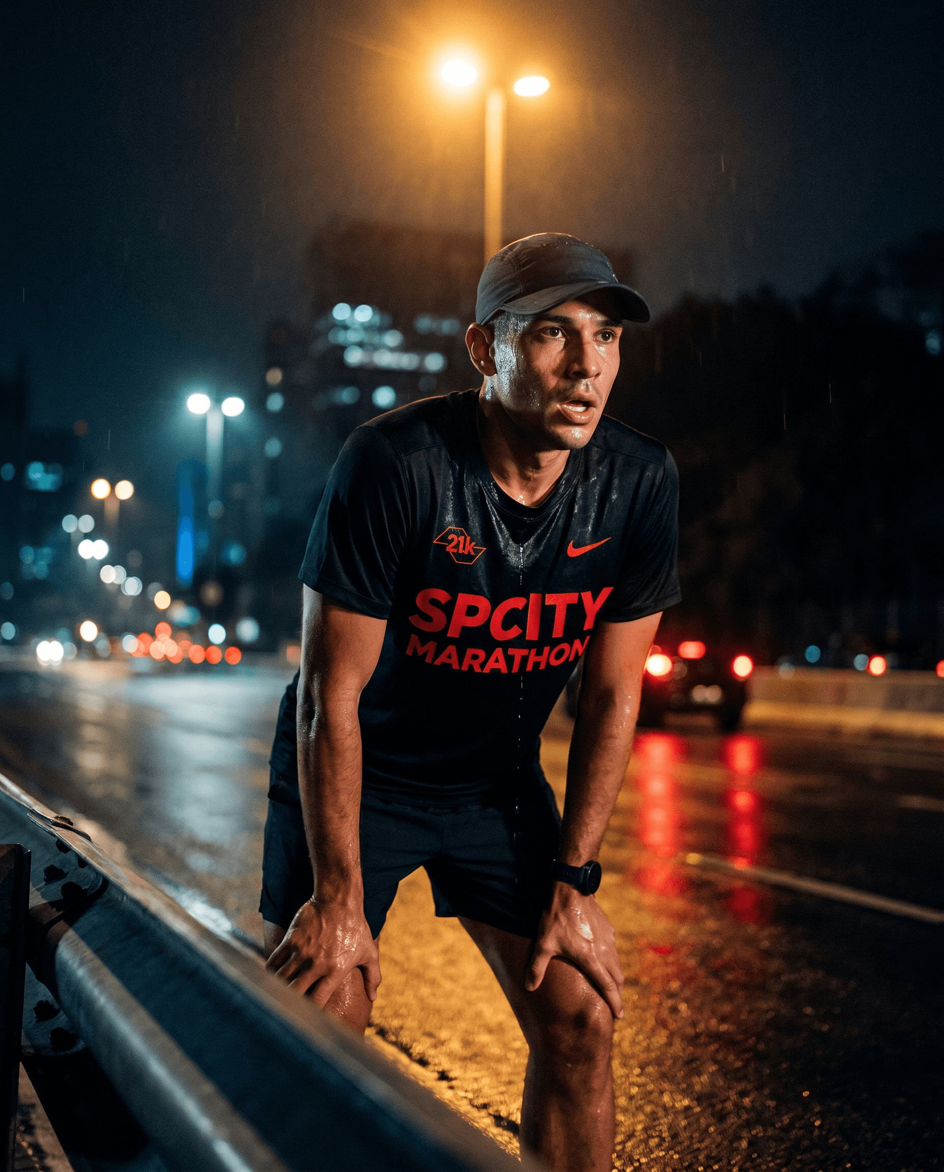 Corredor de camiseta preta SP City Marathon recupera o fôlego numa avenida molhada de São Paulo à noite