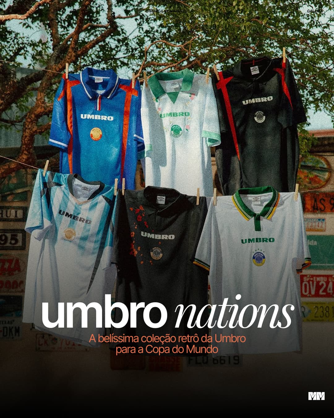 Seis camisas retrô da coleção Umbro Nations penduradas em um varal ao ar livre