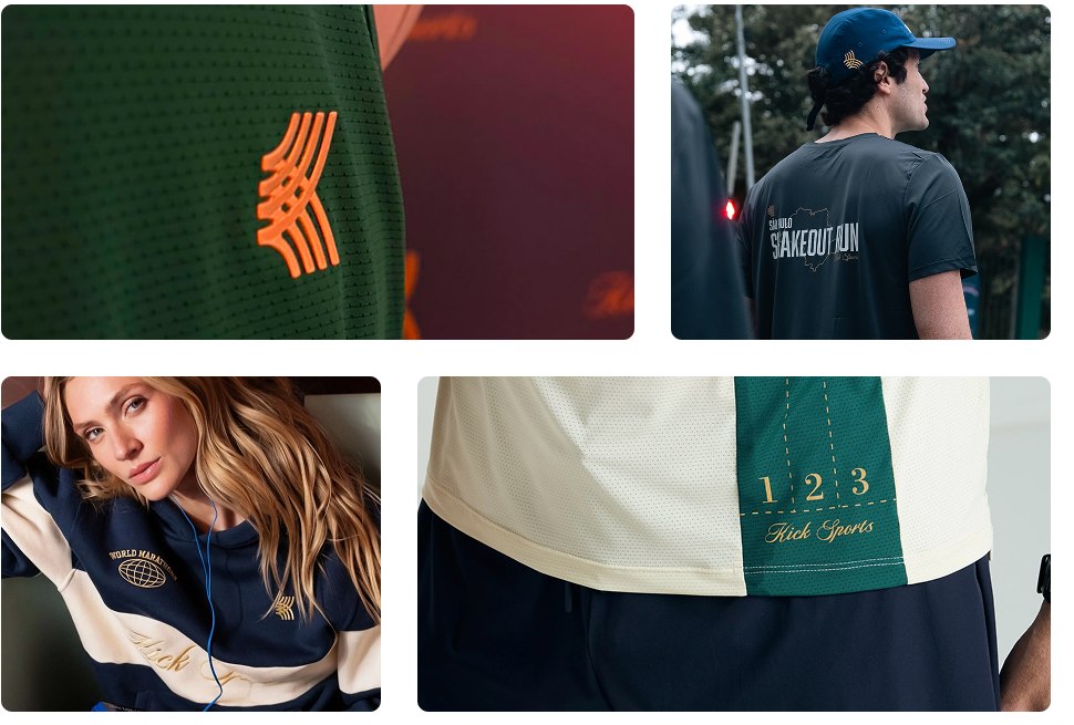 Grade de fotos com detalhes da coleção Primordium, da Kick Sports, incluindo camiseta com numeração 1 2 3