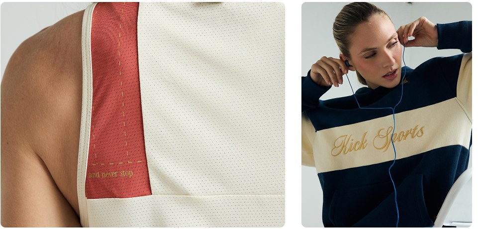 Detalhe de moletom Kick Sports com bordado dourado e camiseta em mesh creme e verde com numeração