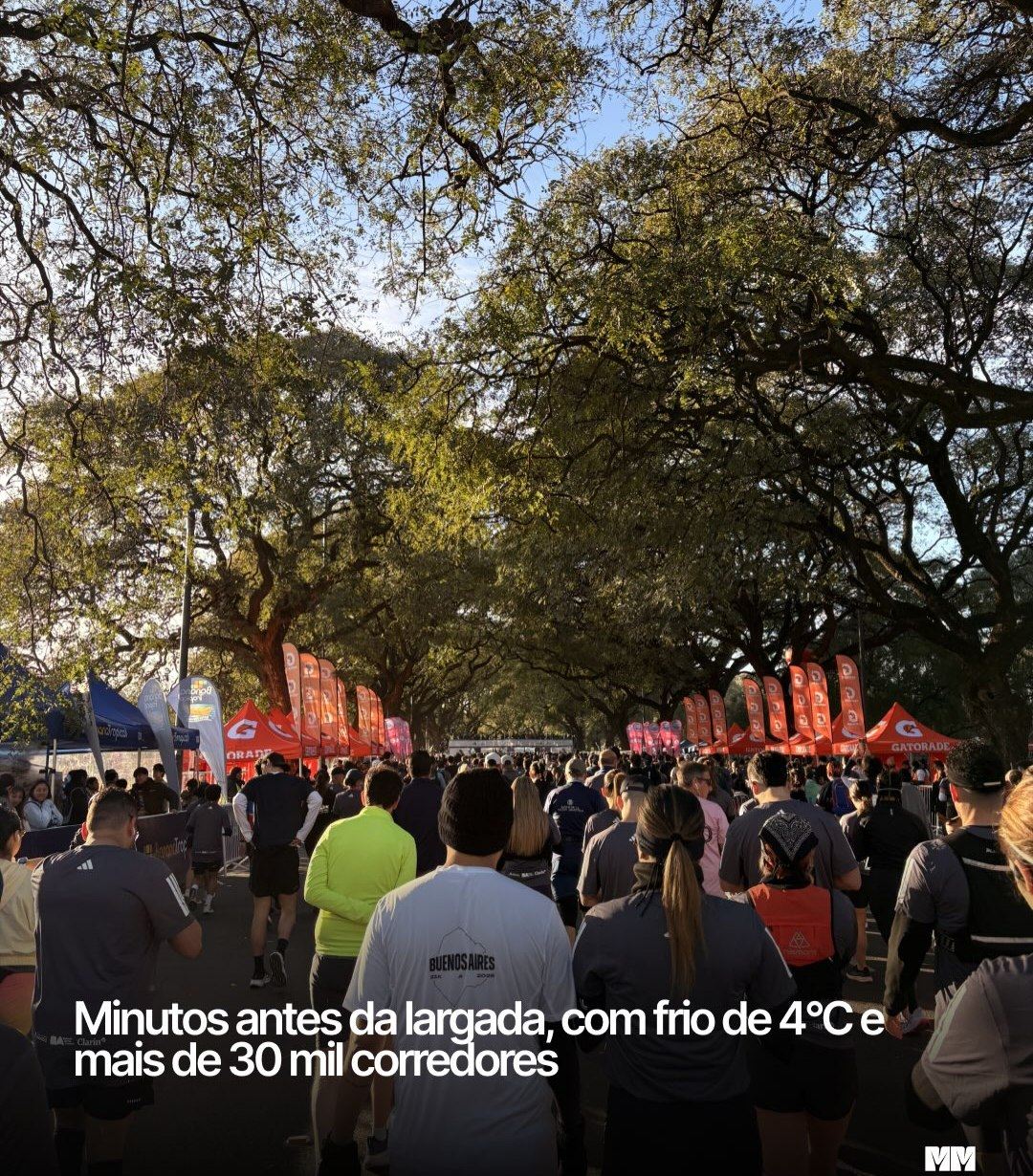 Corredores agrupados momentos antes da largada da Meia de Buenos Aires, sob árvores e bandeiras