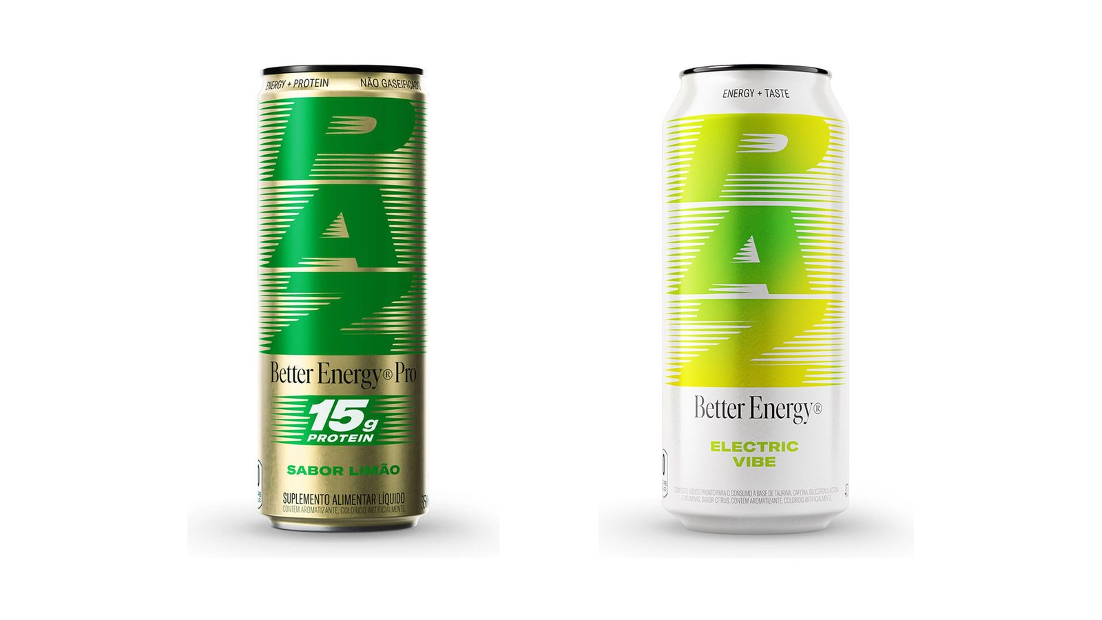 A lata dourada da PAZ Pro sabor limão ao lado da lata branca da linha original PAZ Electric Vibe, mostrando a diferença de cor entre as duas famílias